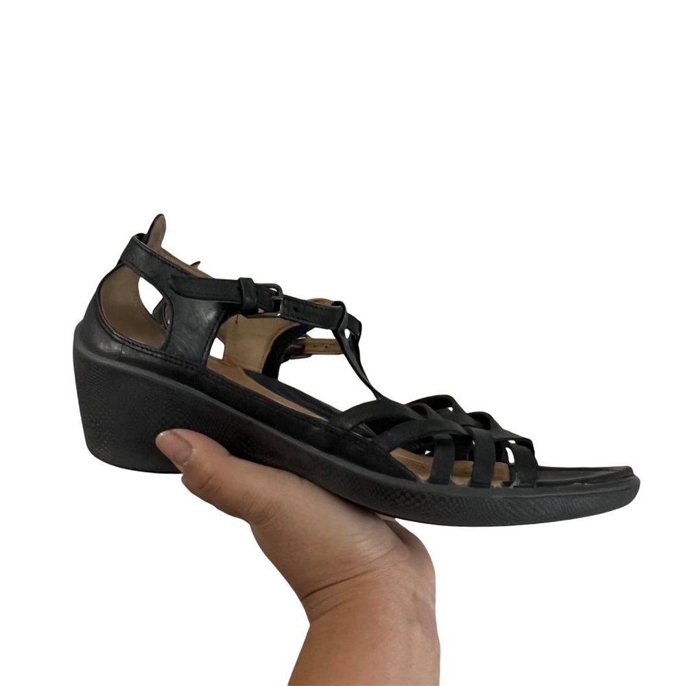 ECCO Black Leather Slip on Casual Comfort Caged Strappy Sandals Womens 9